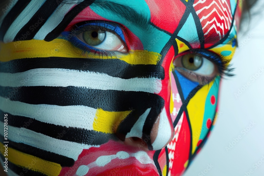 Poster a close-up shot of a person with a painted face. this image can be used for various purposes