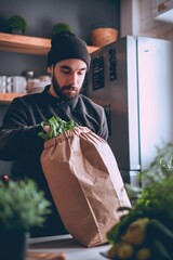 A man is seen holding a bag of fresh vegetables in a kitchen. This image can be used to showcase healthy eating, cooking, meal preparation, or grocery shopping