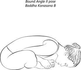 Sketch of woman doing yoga Baddha Konasana B. Bound Angle 2 pose. Extended Bound Angle pose. Intermediate Difficulty. Isolated vector illustration.