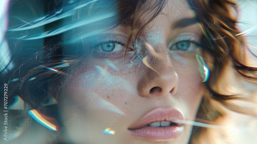 Poster woman's face in close-up with a blurred background. suitable for a variety of uses