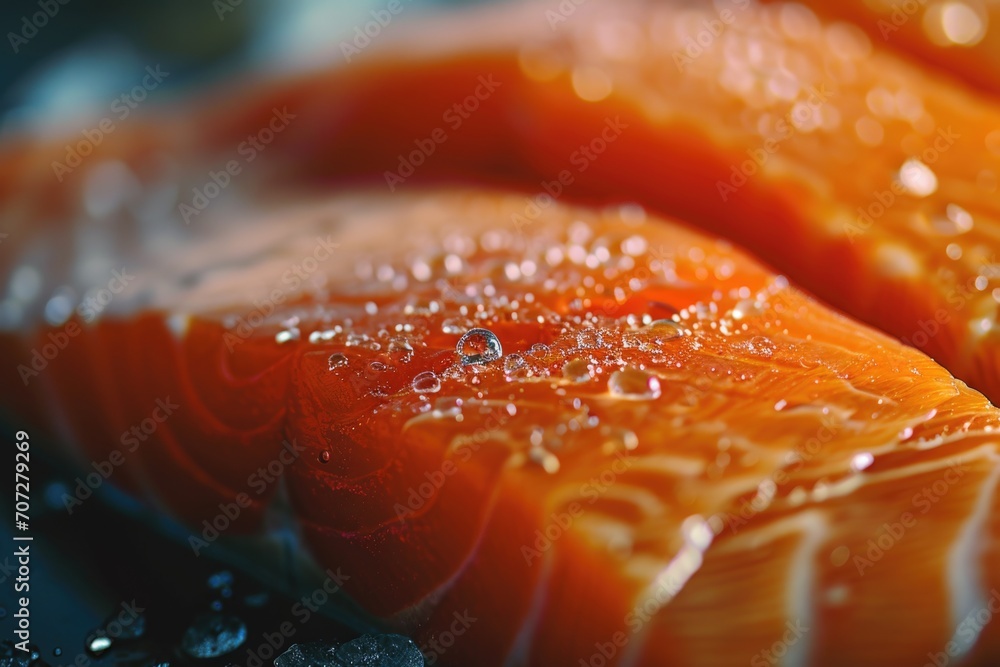 Poster a detailed view of a piece of salmon. this image can be used to showcase the freshness and quality o