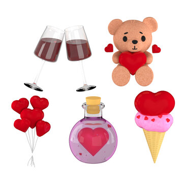 Set of isolated romantic sticker for Valentine's day 3d render with hearts, bear, glass vine, pink ice cream