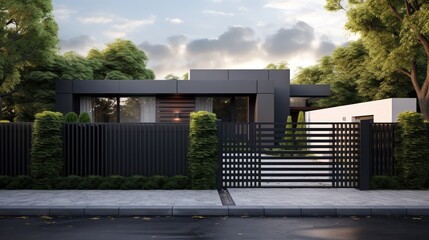 a modern gray high-tech fence surrounding a millionaire's house, in a minimalist modern style, highlighting the sleek design and security features of the fence.