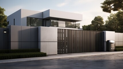 a modern gray high-tech fence surrounding a millionaire's house, in a minimalist modern style, highlighting the sleek design and security features of the fence.