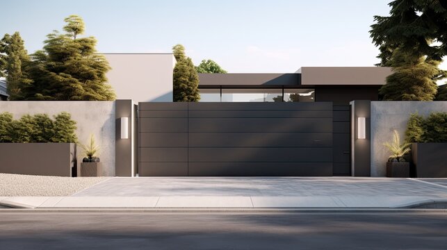 a modern gray high-tech fence surrounding a millionaire's house, in a minimalist modern style, highlighting the sleek design and security features of the fence.