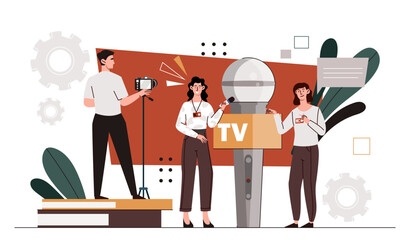Mass media workers concept. Man with camera and women with microphone. Journalistic report. Information and knowledge in tv show. Cartoon flat vector illustration isolated on white background