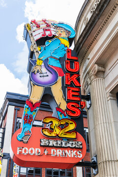 NASHVILLE, TN, USA - MARCH 28, 2021: Luke Bryan's LUKE'S 32 BRIDGE is the country music singer's club on Broadway Street in downtown Nashville with food, liquor, and multiple levels for guests.