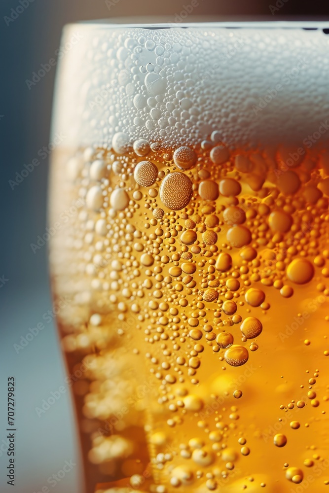 Poster a detailed close-up shot of a glass filled with beer. perfect for illustrating the refreshing and en