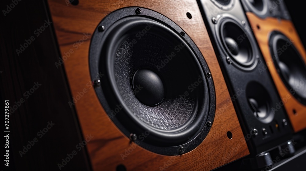 Poster a pair of speakers placed on a wooden shelf. perfect for adding music to any room