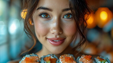 Close-up portrait of a beautiful young woman with sushi in the restaurant.  - obrazy, fototapety, plakaty