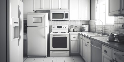 Fototapeta premium A black and white photo of a kitchen. Suitable for home decor or interior design projects