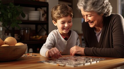 a grandmother and granddaughter working on a puzzle together at home, in a minimalist modern style, highlighting the intergenerational connection and joy of solving puzzles.