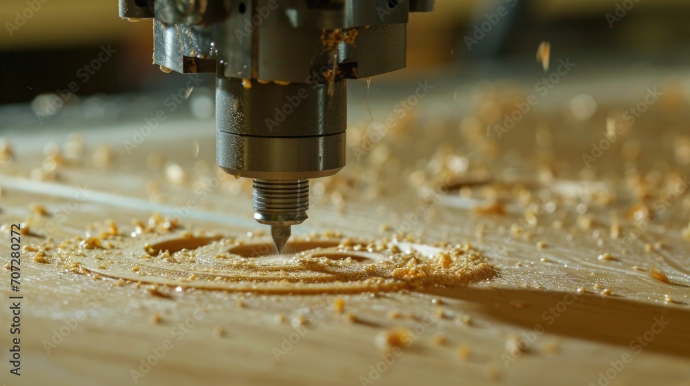 Wall mural a machine cutting wood with a drill. suitable for industrial and construction themes