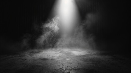 A black and white photo capturing the contrast between a bright light and the darkness of a room. This image can be used to depict illumination, solitude, or introspection - obrazy, fototapety, plakaty
