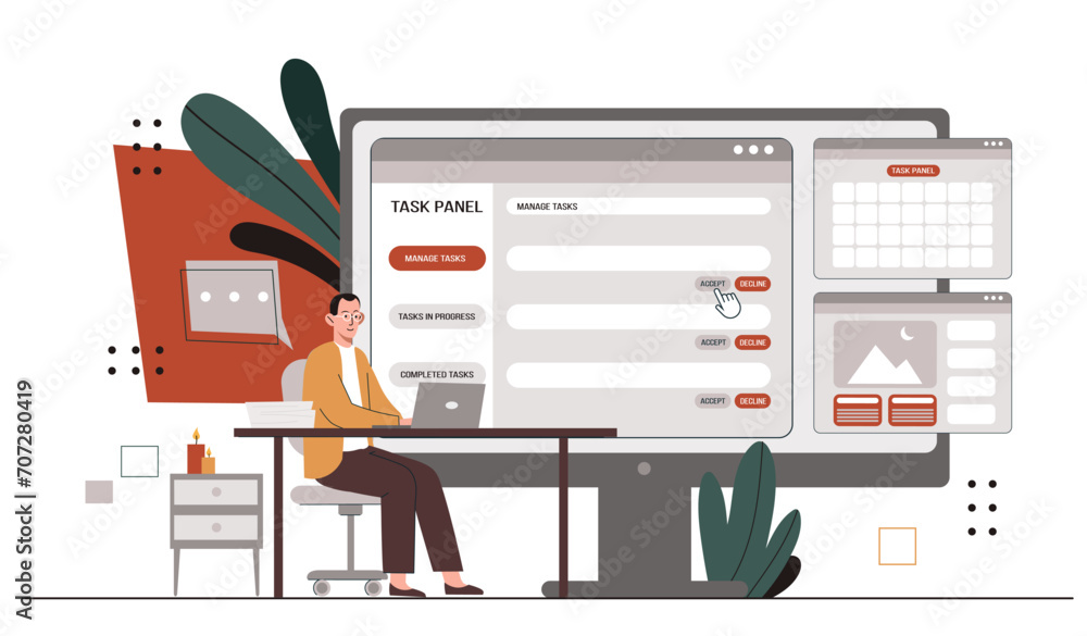 Poster man with microsite development. young guy near webpage with addresses. ui and ux design. graphic des