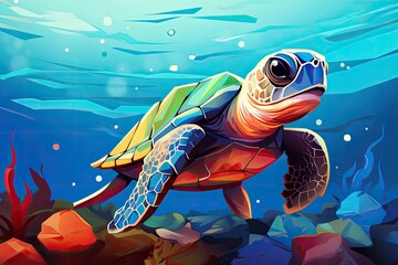cute little turtle underwater in the sea illustration