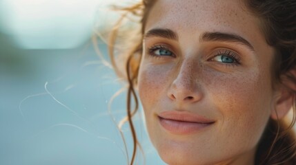 A close-up view of a woman with freckles on her face. This image can be used for beauty, skincare, or natural makeup concepts