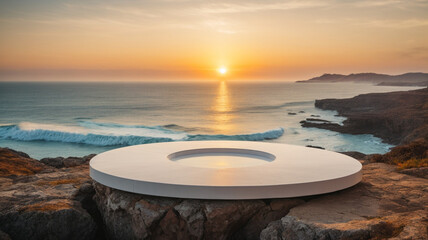 Empty wooden round podium on rock with sunset over sea. For product display. High quality photo