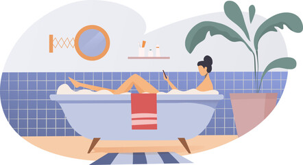 Woman lie bathroom with modern smartphone gadget, female character hold mobile phone cartoon vector illustration, isloated on white. Girl relax in foam bath, cozy design home washroom.