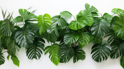 the vibrant green leaves of a tropical plants bush arranged indoors, a minimalist modern style against a white background, accentuating the natural beauty of the foliage.