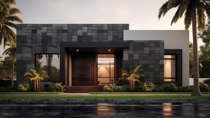 Obraz premium an isolated multi-block villa with frames covered in black tiles, The villa features a wall with gray stone cladding, black and white paint, and wood on the facade.