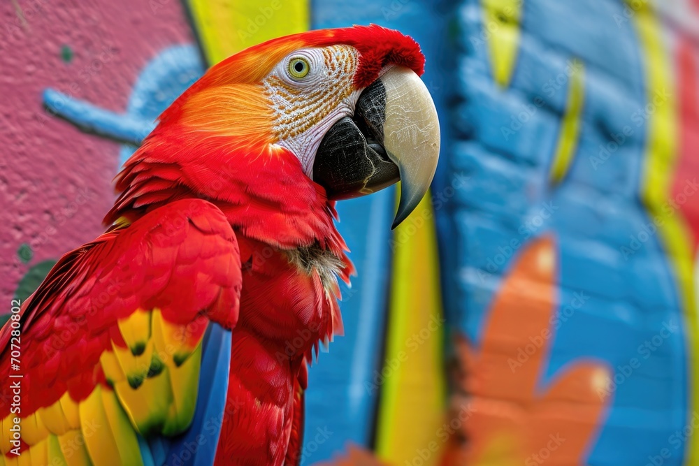 Aufkleber A vibrant red and yellow parrot stands in front of a colorful wall. Perfect for adding a pop of color to any project or design