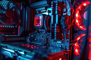 A close up view of a computer case with vibrant red and blue lights. Perfect for technology-related designs and concepts