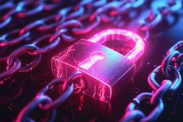 A picture of a lock on a chain with a red light. This image can be used to symbolize security, protection, or as a visual representation of a locked or restricted area - obrazy, fototapety, plakaty