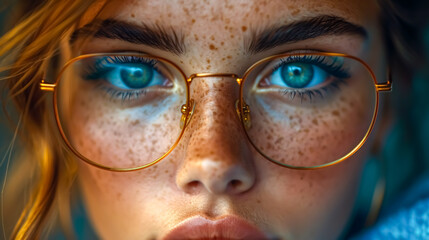 Close-up portrait of a red-haired girl with freckles and glasses. 
