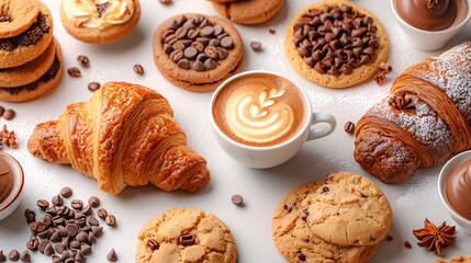 Cup of coffee with tasty croissants and cookies on white table. coffee beans scattered around. 