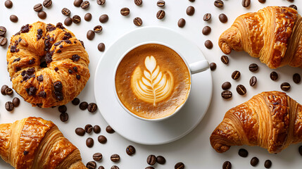 Cup of coffee with tasty croissants and cookies on white table. coffee beans scattered around. 