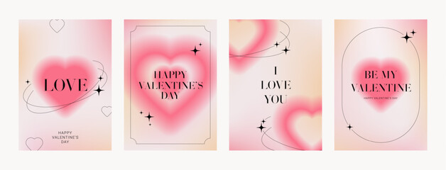 Set of aesthetic posters for Valentine's Day. Y2k style vector illustration with blurred gradient hearts for decoration Valentine's Day. Trendy minimalist flyers for party, cover, card, ads, promo.