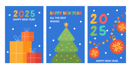 New Year 2025 posters set. Christmas tree and gift boxes. Garland with red balls. Noel Eve and winter holidays. Present and surprise. Cartoon flat vector collection isolated on white background