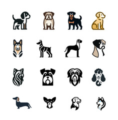 Vector isolated icon set of dogs. Collection with Labrador Retriever, German Shepherd, Golden Retriever, Bulldog, Beagle, Poodle, Yorkshire Terrier, Boxer, Dachshund, Siberian Husky...