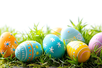 Fototapeta na wymiar Happy Easter banner. Decorated festive eggs and green plants on white background with copy space