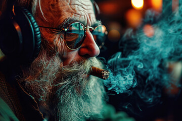 Close portrait of an old gray bearded man wearing sunglasses, a cap and headphones, finishing his cigar - obrazy, fototapety, plakaty