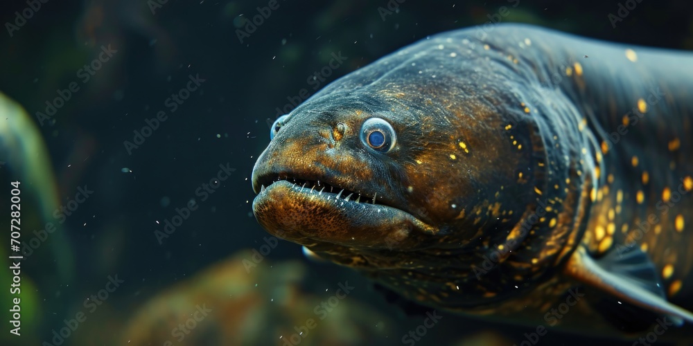 Poster Close-up view of a fish with a remarkably large face. This image can be used to depict unique aquatic creatures or as a visual representation of marine life diversity.