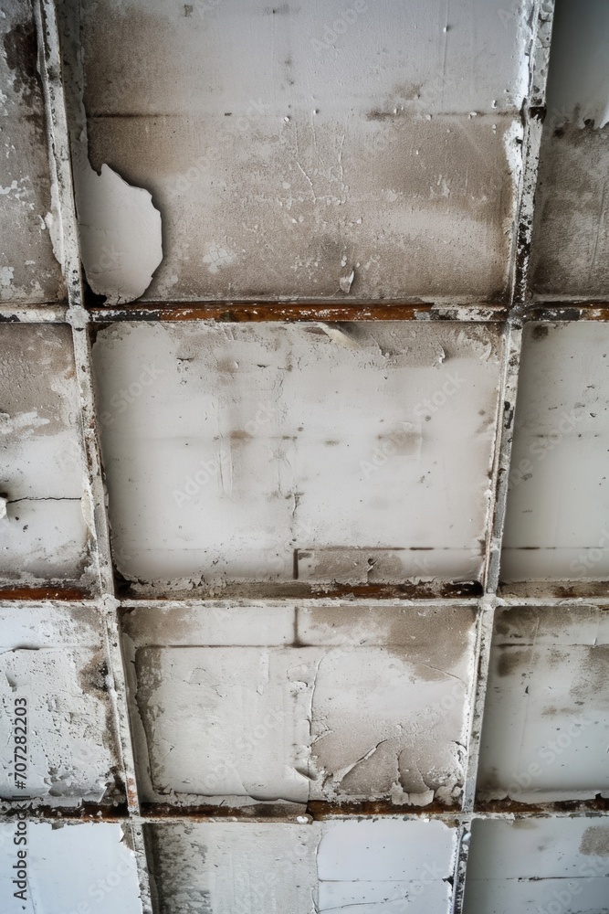Poster The image shows a ceiling covered in white paint and rust. It can be used to depict an old or neglected building