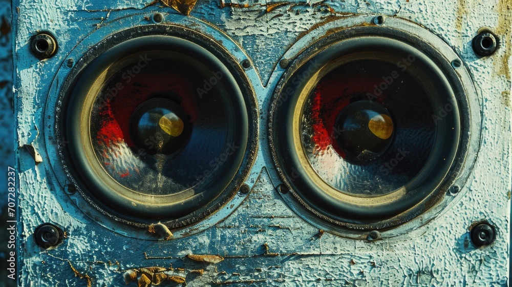 Poster close up view of two speakers placed on a smooth metal surface. perfect for use in music and audio-r