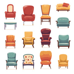 Furniture for the home icons set. Armchair, sofa, chair etc. Vector illustration