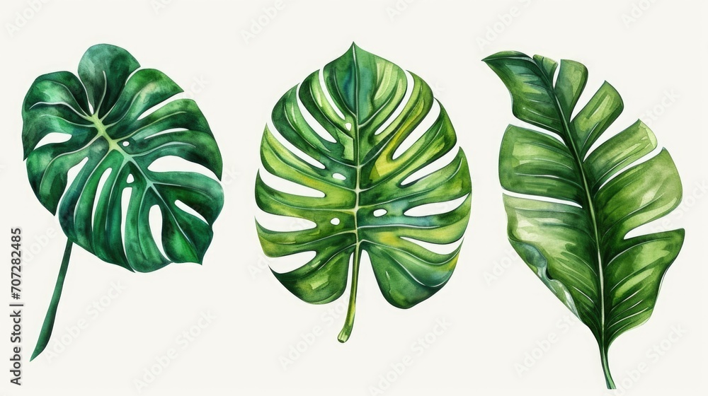 Poster a set of three tropical leaves painted in watercolor. perfect for adding a touch of nature to your d