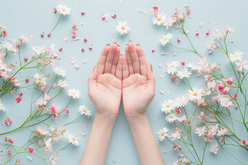 Woman hands among the spring flowers. Floral background with beautiful female hands. Natural cosmetics and skin care concept - obrazy, fototapety, plakaty