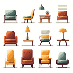 Furniture for the home icons set. Armchair, sofa, chair etc. Vector illustration