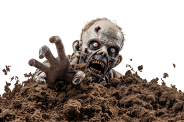 Zombie man isolated on transparent background. Bloody male zombie crawls out of the grave soil and stretches out its arms. Zombie apocalypse