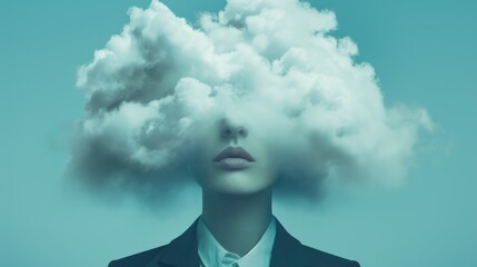 A woman wearing a suit with a cloud on her head. This image can be used to represent creativity, out-of-the-box thinking, or brainstorming ideas - obrazy, fototapety, plakaty