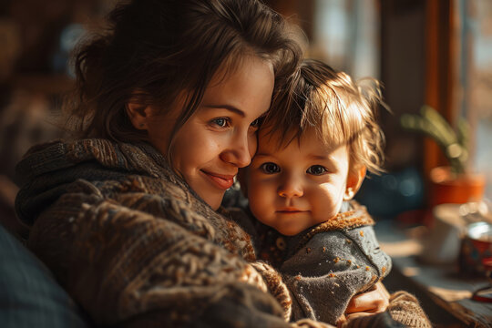 Loving Mom Hugging Her Son, Portrait Of Cheerful Woman And Little Boy Looking At Camera, Happy Parenthood