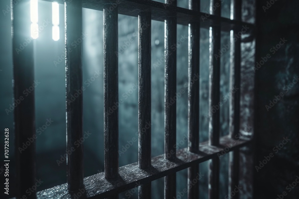 Poster A jail cell with a beam of light filtering through the bars. This image can be used to depict imprisonment, hope, or a metaphorical representation of breaking free from confinement