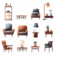 Furniture for the home icons set. Armchair, sofa, chair etc. Vector illustration