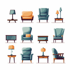 Furniture for the home icons set. Armchair, sofa, chair etc. Vector illustration