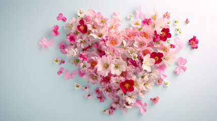 Minimal love concept of heart shaped made of spring floral flowers. Soft pastel colors. Creative Valentine's Day.